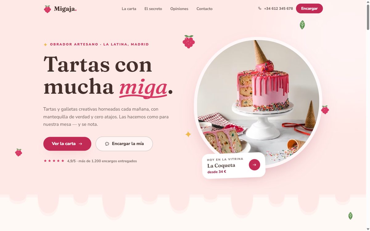 Hero de la landing generada por Claude Fable 5, marca Migaja, obrador en La Latina