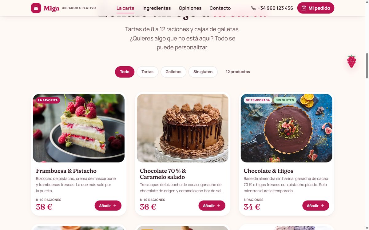 Catálogo de la landing de Fable 5.1 con filtros, etiquetas, precios y botón de añadir al pedido