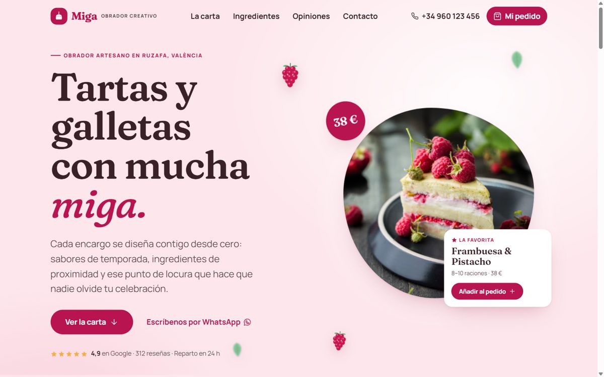 Hero de la landing generada por Claude Fable 5.1, marca Miga, obrador en Ruzafa