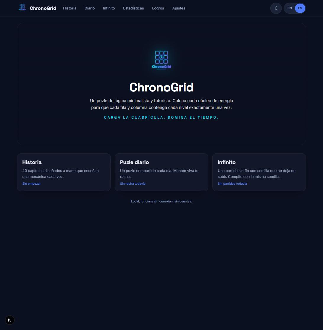 Pantalla de inicio de ChronoGrid construida por Claude Fable 5, con el logo centrado y tres tarjetas de modo