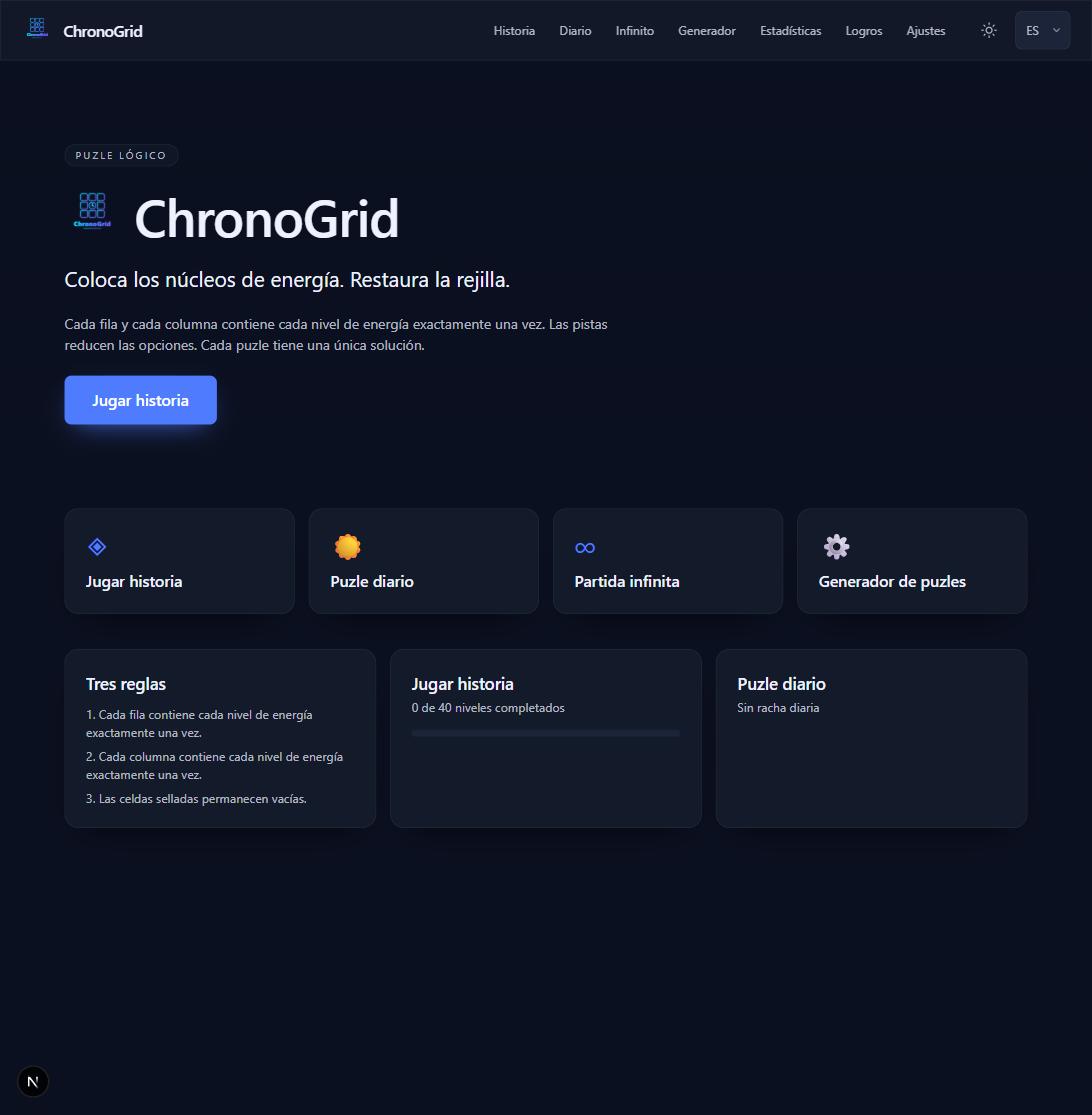 Pantalla de inicio de ChronoGrid construida por Claude Opus 5, con hero a la izquierda, botón de llamada a la acción y cuatro tarjetas de modo