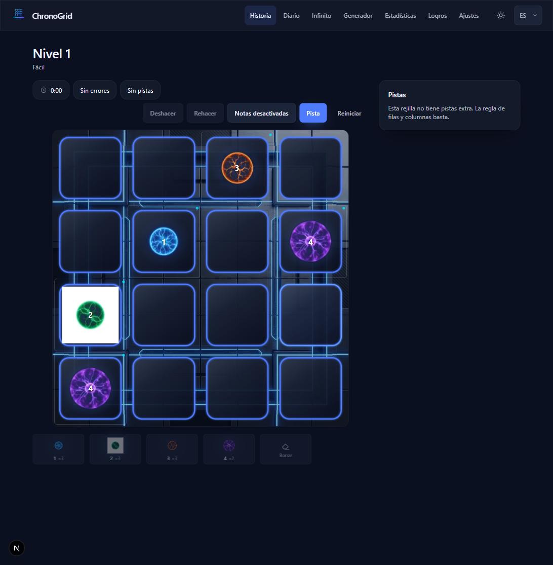 Tablero de juego de Opus 5 con los controles en una fila de texto sobre la rejilla