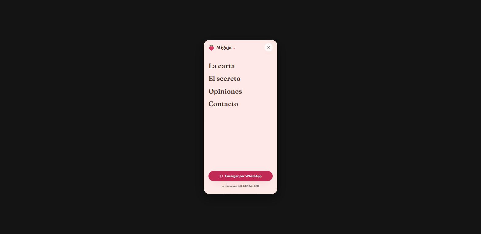 Menú móvil de la landing de Fable con fondo rosa sólido