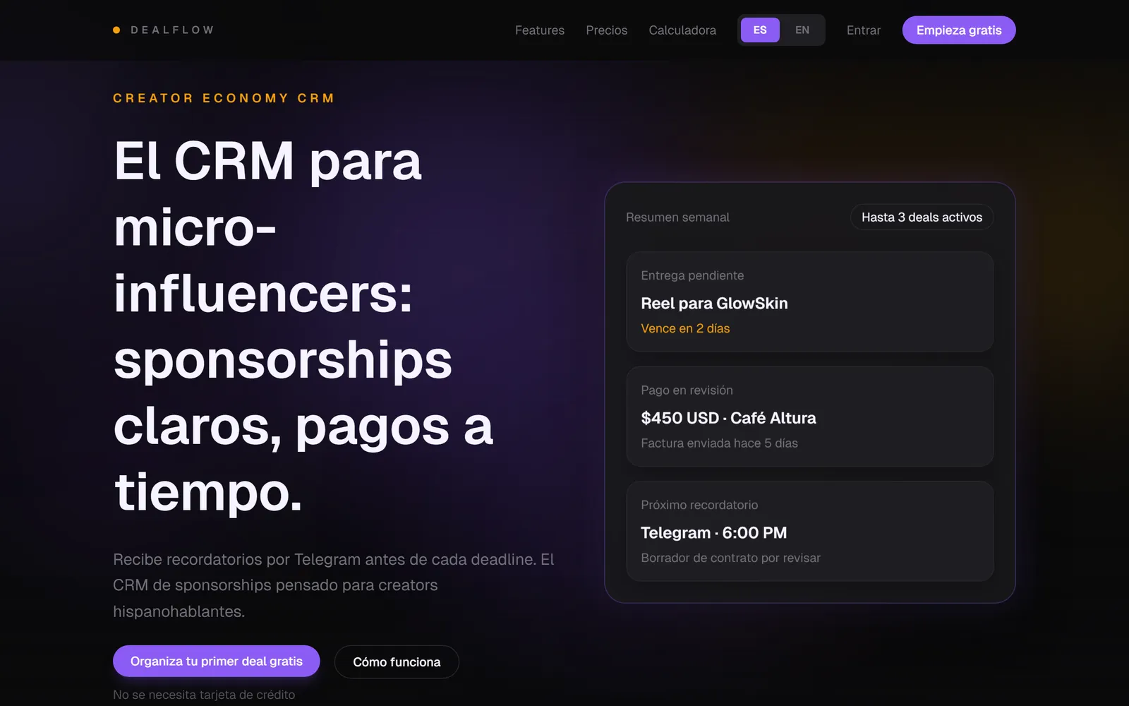 Captura de la interfaz de DealFlow en producción